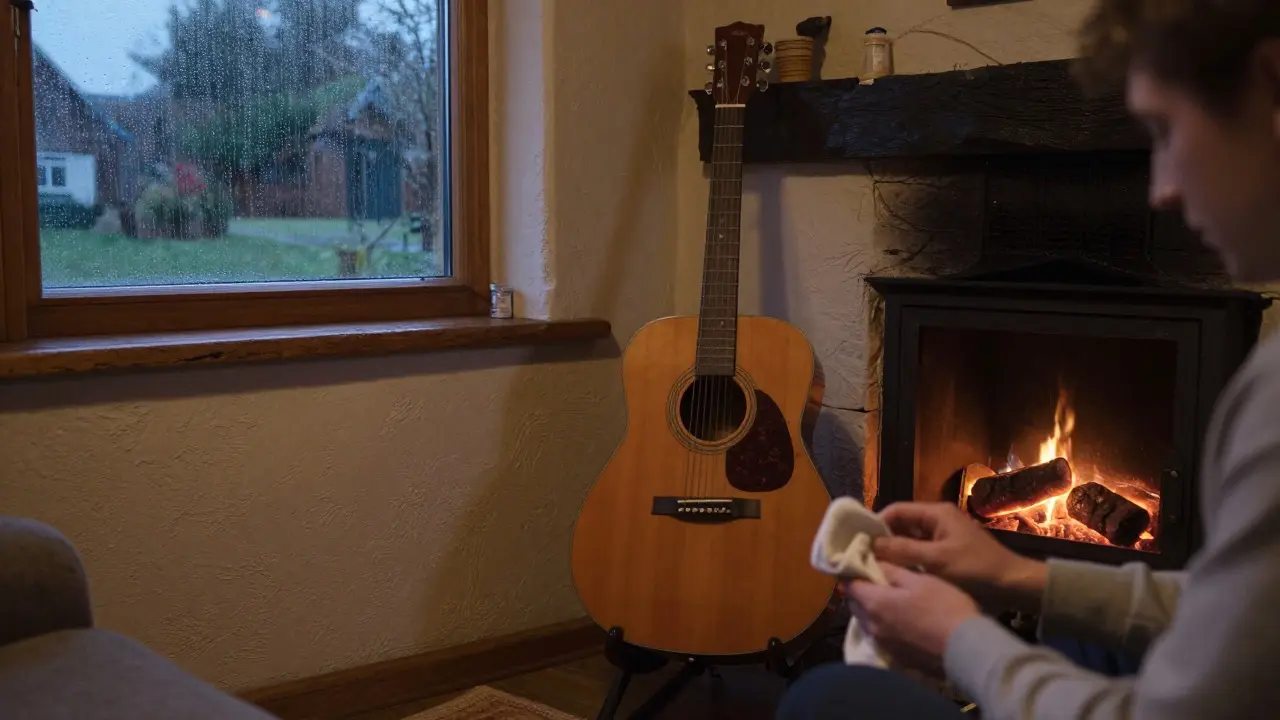 Acoustic guitar resting in a cozy room with a person cleaning it near a fireplace.