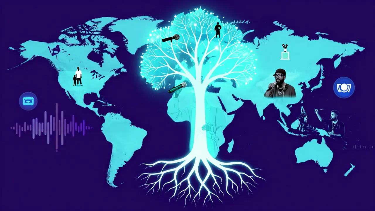 Conceptual art of a microphone transforming into a global tree of activism