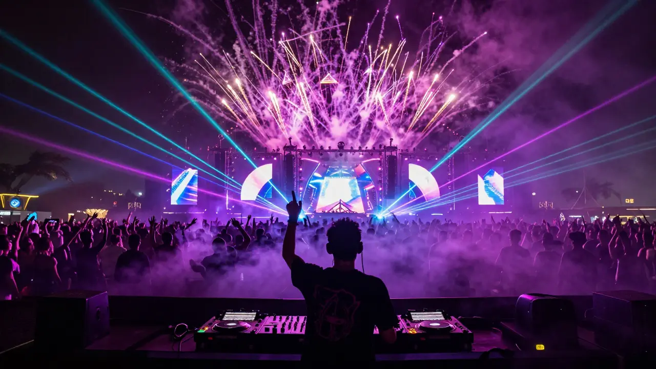 DJ performing at a large EDM festival with lasers and crowds in neon light.