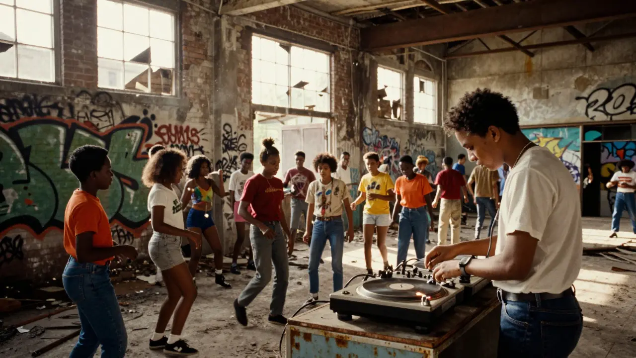 DJ playing turntables in a gritty 1970s Bronx warehouse with dancing crowd