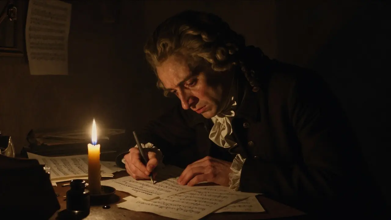 Mozart frantically writing his Requiem by candlelight in a dark room