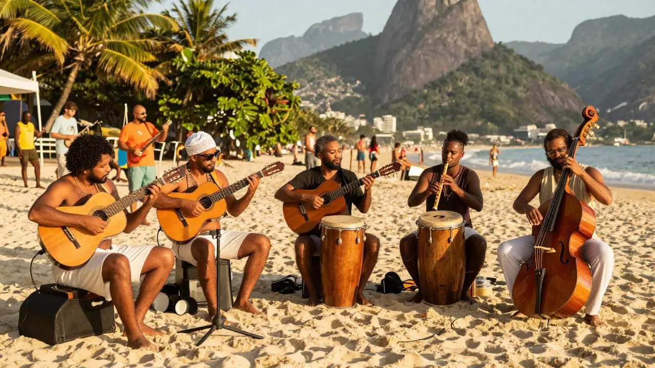 Musicians playing Brazilian jazz on a sunny Rio de Janeiro beach.