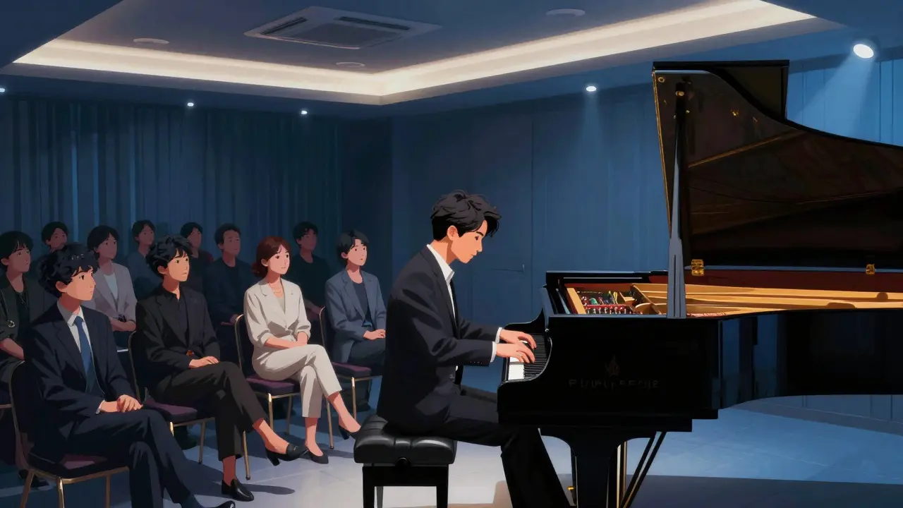 Pianist performing with precision in a quiet, modern Tokyo jazz club.