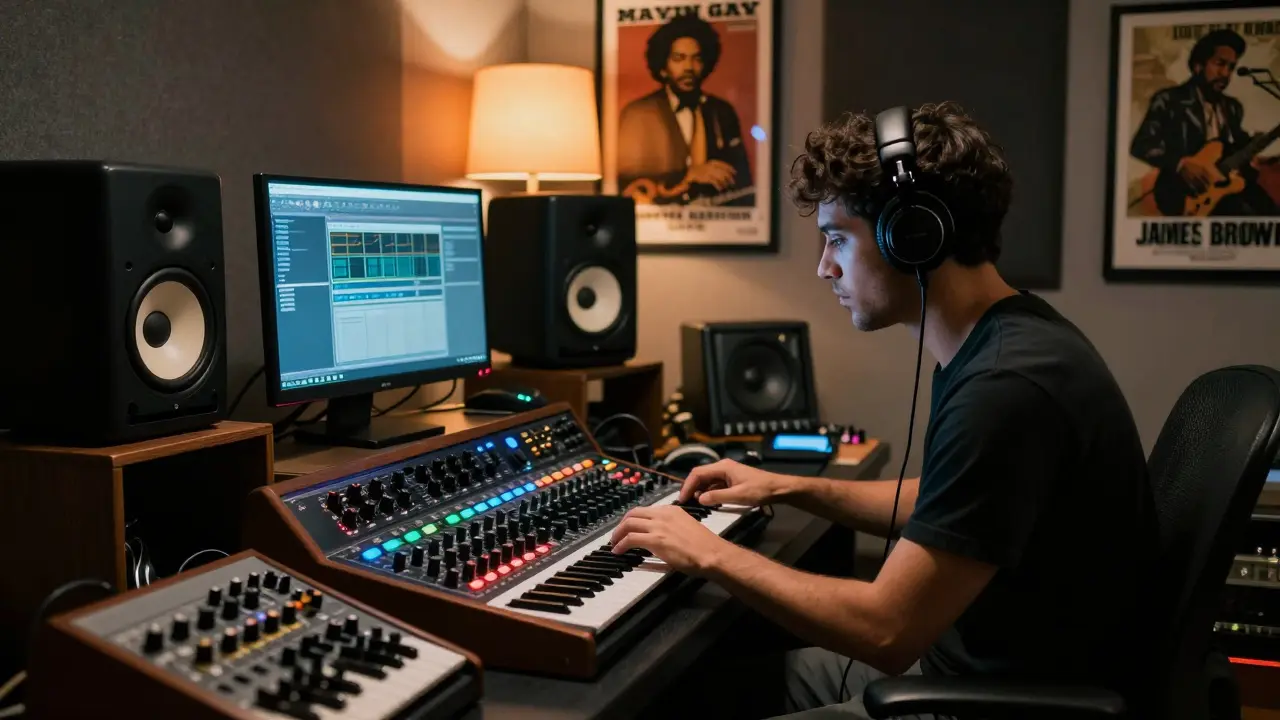 Producer mixing music in a studio with vintage equipment