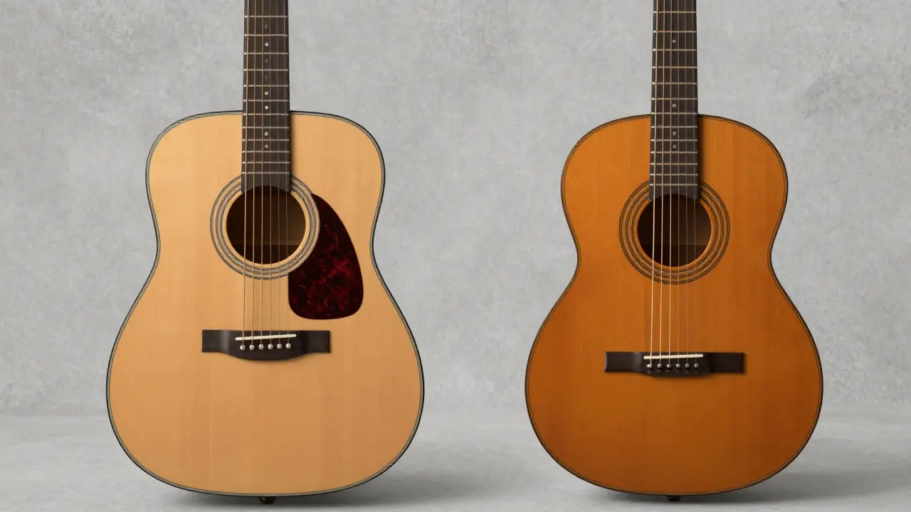 Side-by-side comparison of a steel-string dreadnought and a nylon-string classical guitar.