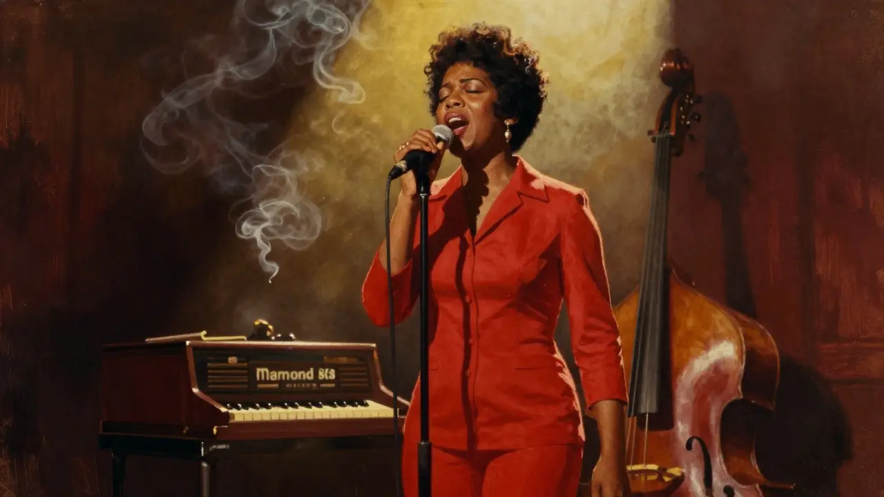 Soul singer performing passionately on a stage in a smoky jazz club