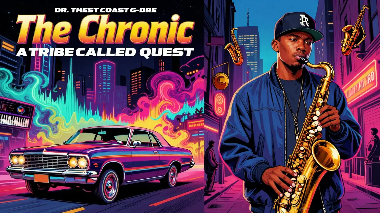 Stylized illustration contrasting West Coast G-funk and East Coast jazz rap vibes