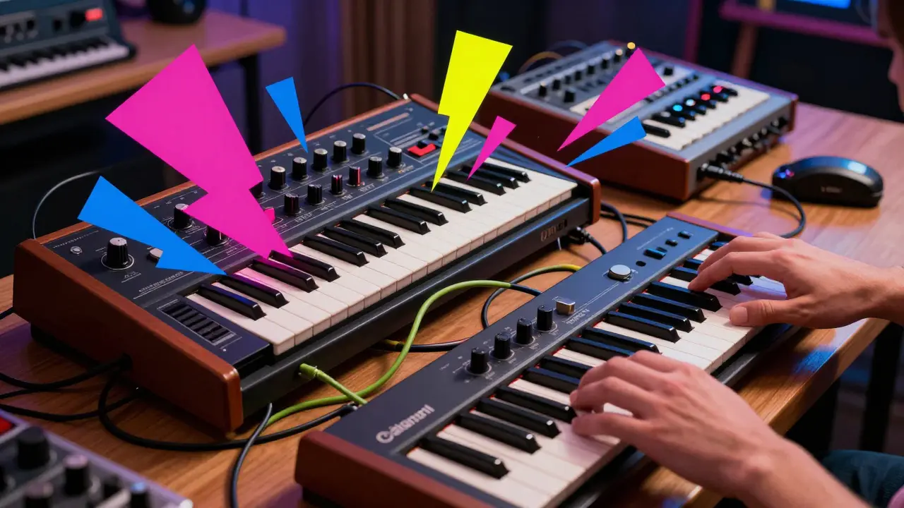 Close-up of Moog synth and TR-808 with neon abstract sound waves bursting out