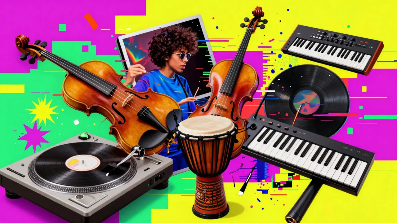 Collage of blended instruments with glitch effects and vibrant colors
