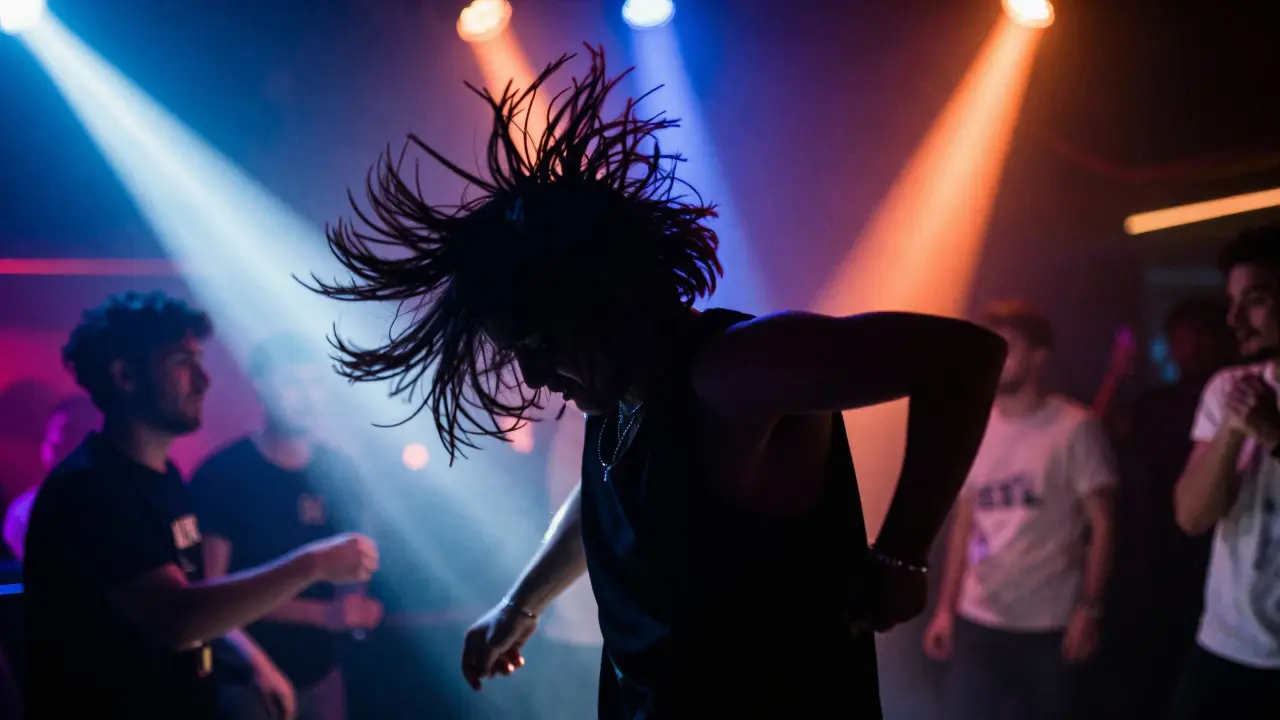 Dancer headbanging and shimming shoulders to the beat in a club