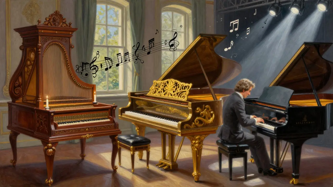 Evolution of piano concertos from harpsichord to modern piano