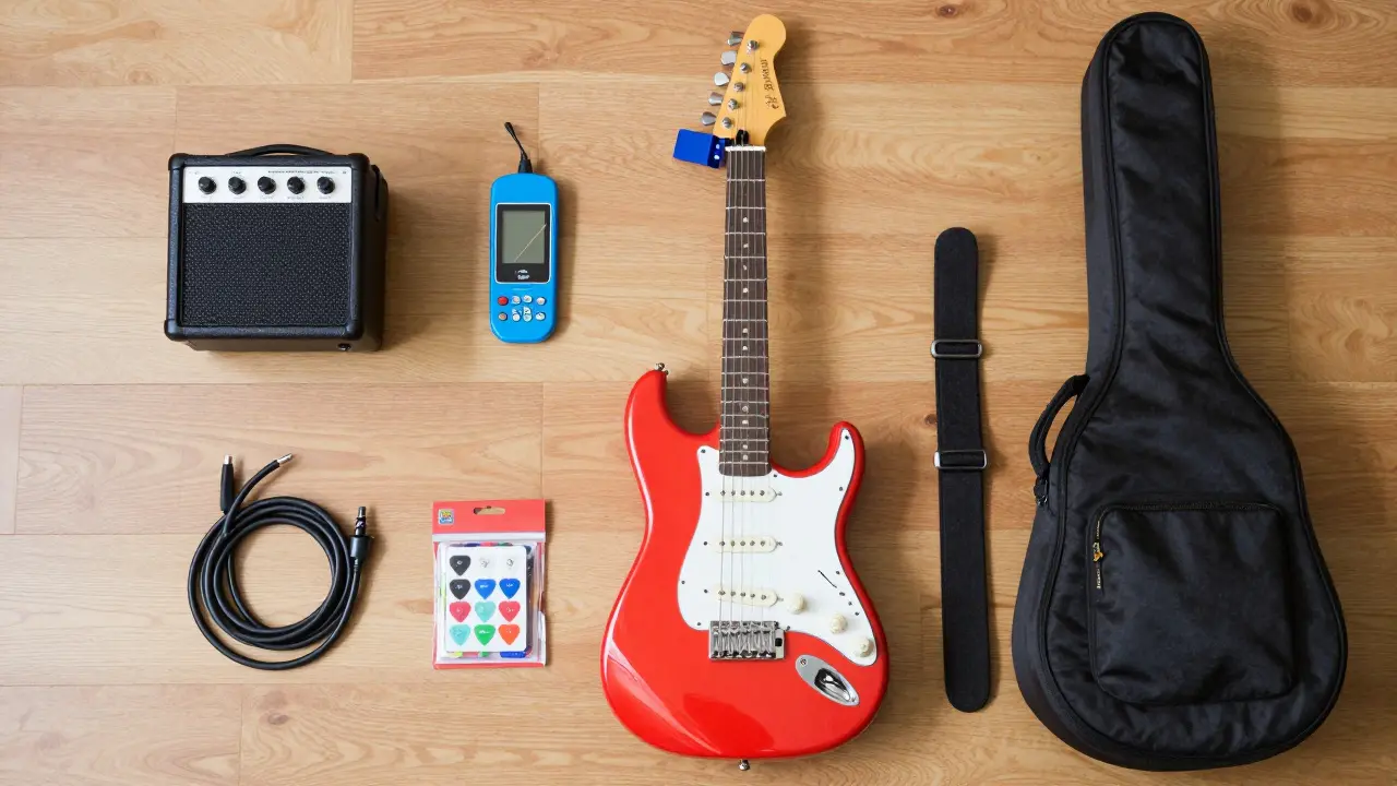 Flat lay of beginner electric guitar kit and accessories