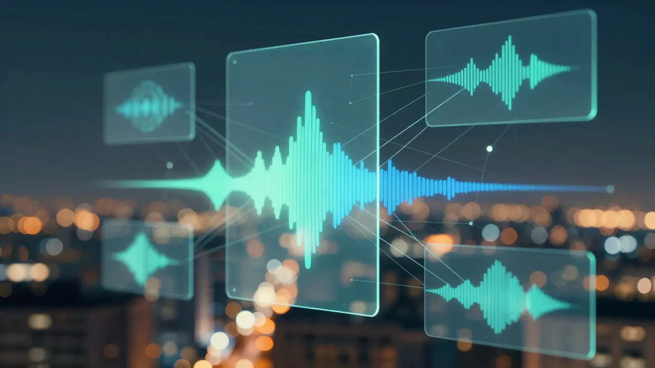 Floating glass panels with sound waves connected by luminous threads