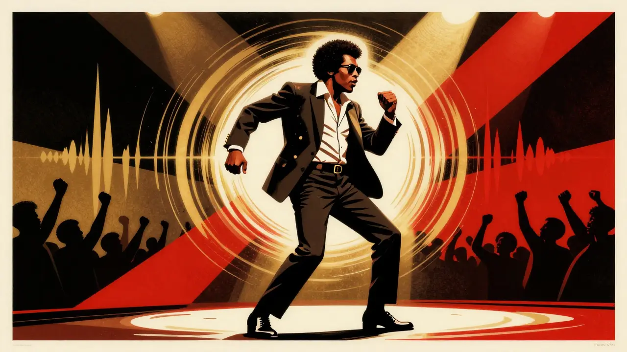 James Brown performing energetically on stage, symbolizing Black Power and pride.