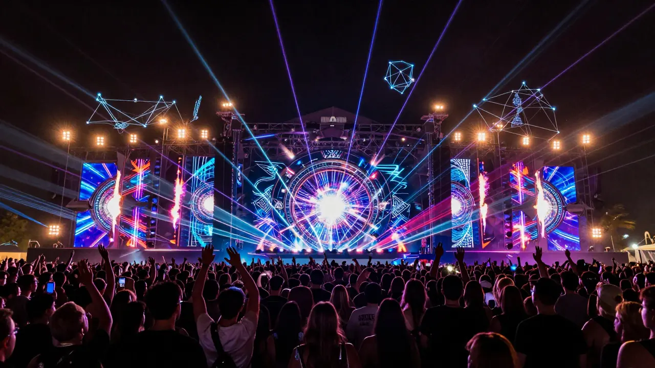 Massive futuristic festival stage with lasers and a huge crowd under neon lights