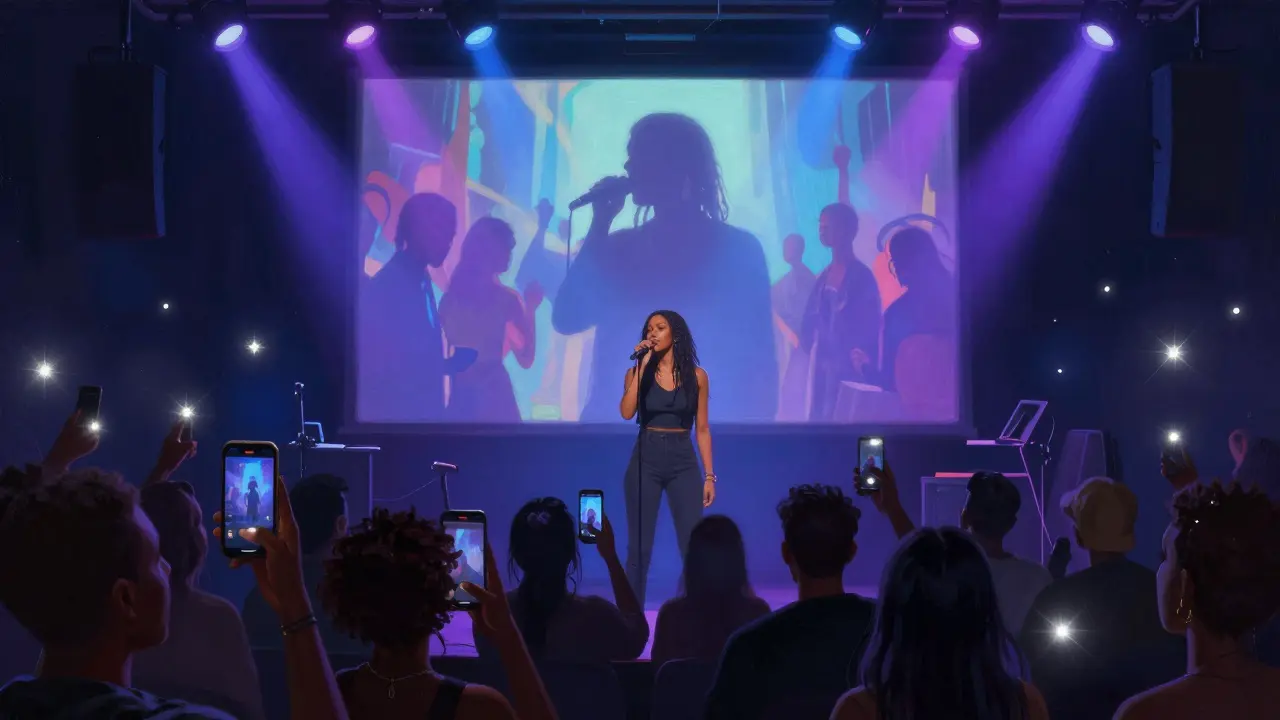 Modern R&amp;B concert with diverse audience engaging in digital-age activism.