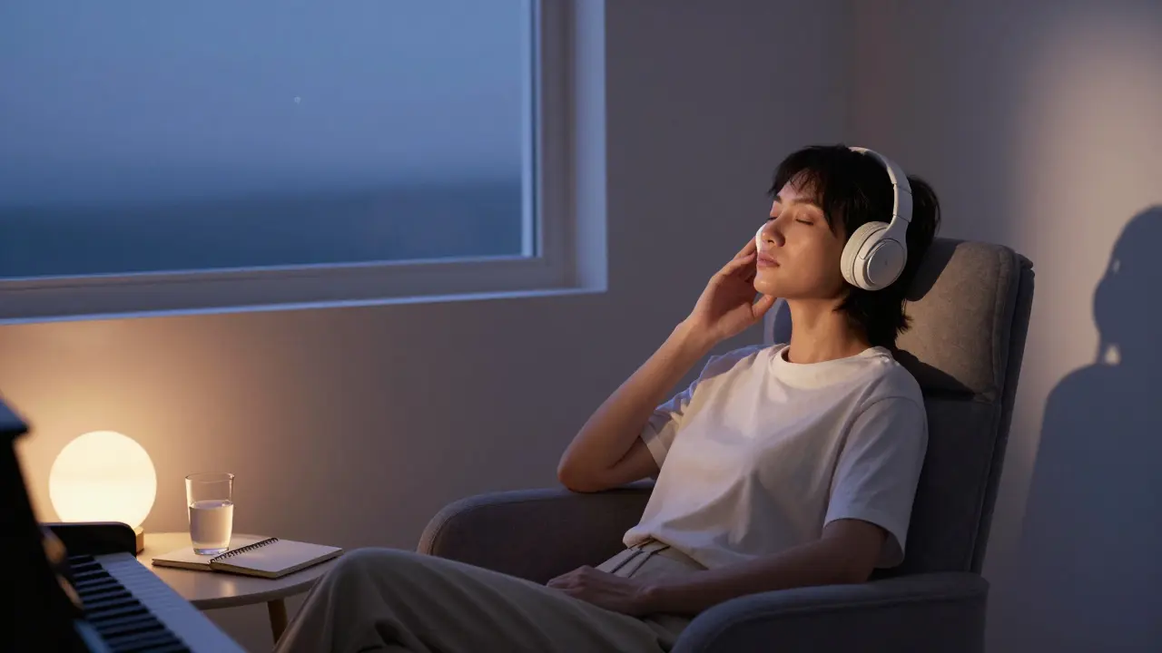 Person relaxing in chair listening to piano music in a serene twilight room