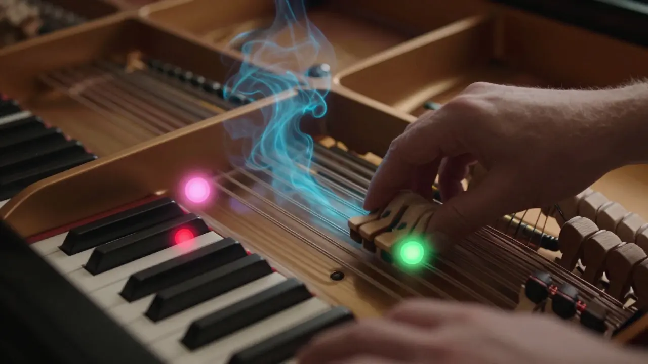 Piano hammers striking strings surrounded by glowing neurotransmitter spheres