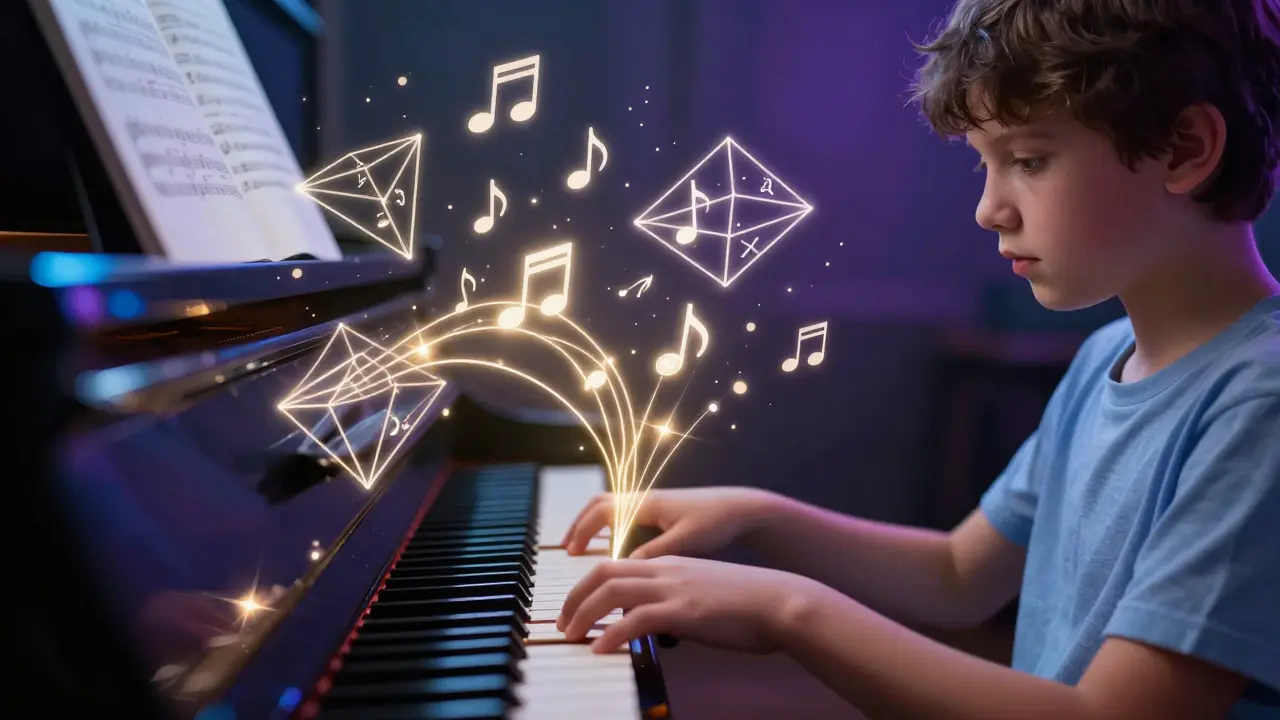 Piano player surrounded by floating lights representing math and literature concepts.