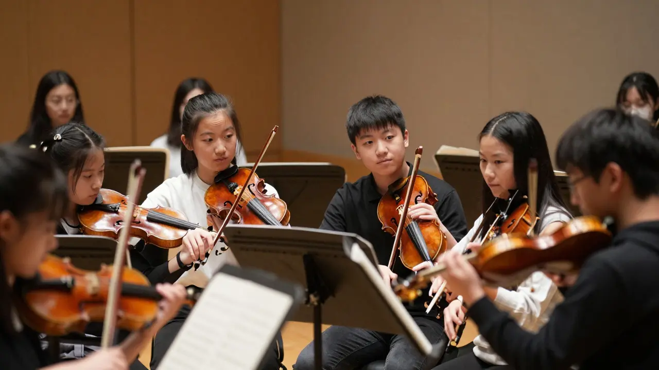 School orchestra students listening closely to each other during a collaborative rehearsal.