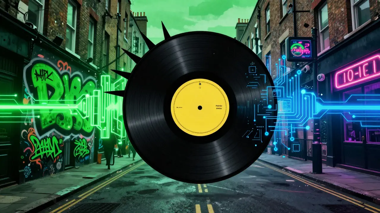 Abstract art showing reggae influencing punk, hip-hop, and electronic music