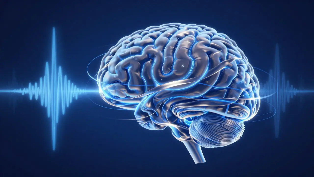 Abstract blue sound waves wrapping around a glowing brain to show calm