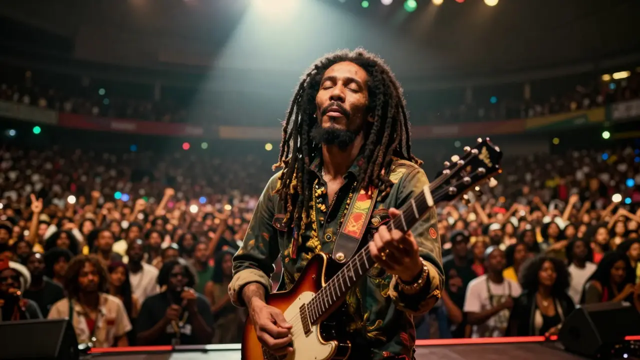 Bob Marley performing passionately on a large stadium stage
