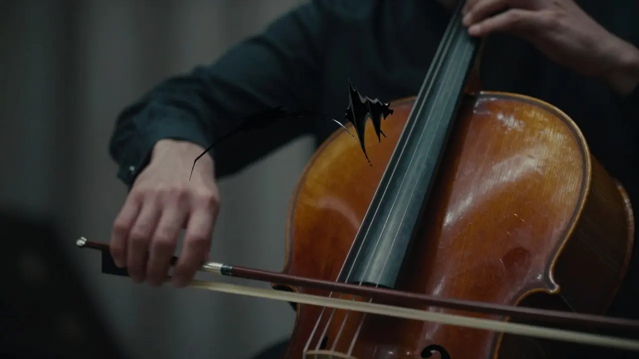 Cellist playing with sound waves forming dark shapes
