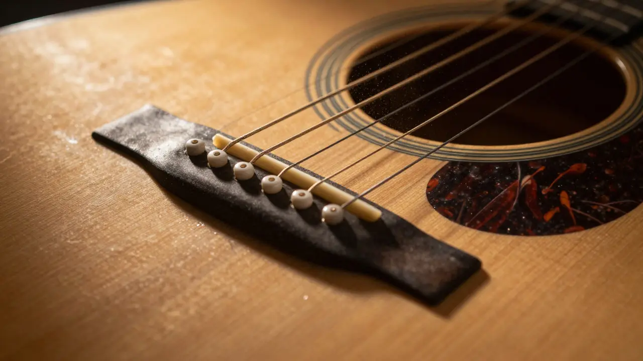 Close-up of vibrating guitar strings and soundboard