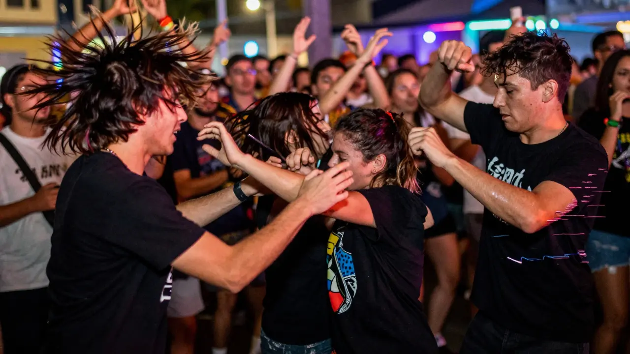Crowd dancing energetically with headbanging, crashing, and robot moves