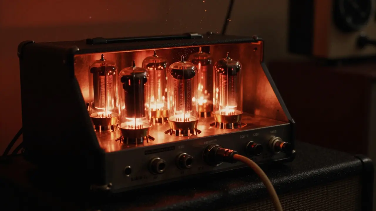 Glowing vacuum tubes in a vintage guitar amplifier