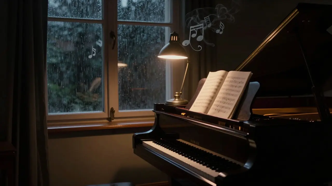 Grand piano in dim study with floating musical notes and rain on window