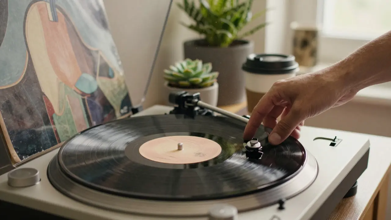 Hand placing vinyl record on turntable in sunny room