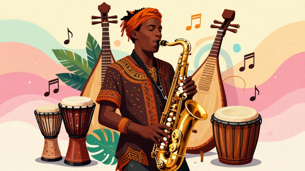 Illustration of global jazz fusion with diverse instruments