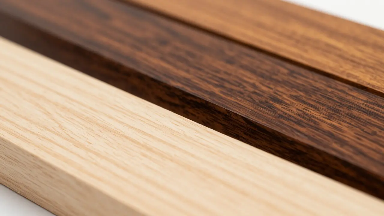 Macro shot of spruce, rosewood, and mahogany tonewoods