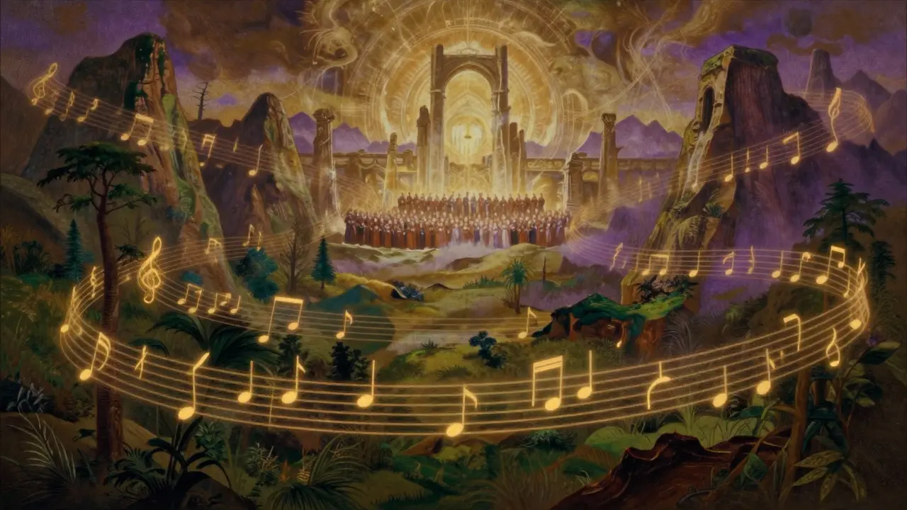 Musical notes weaving through a fantasy landscape