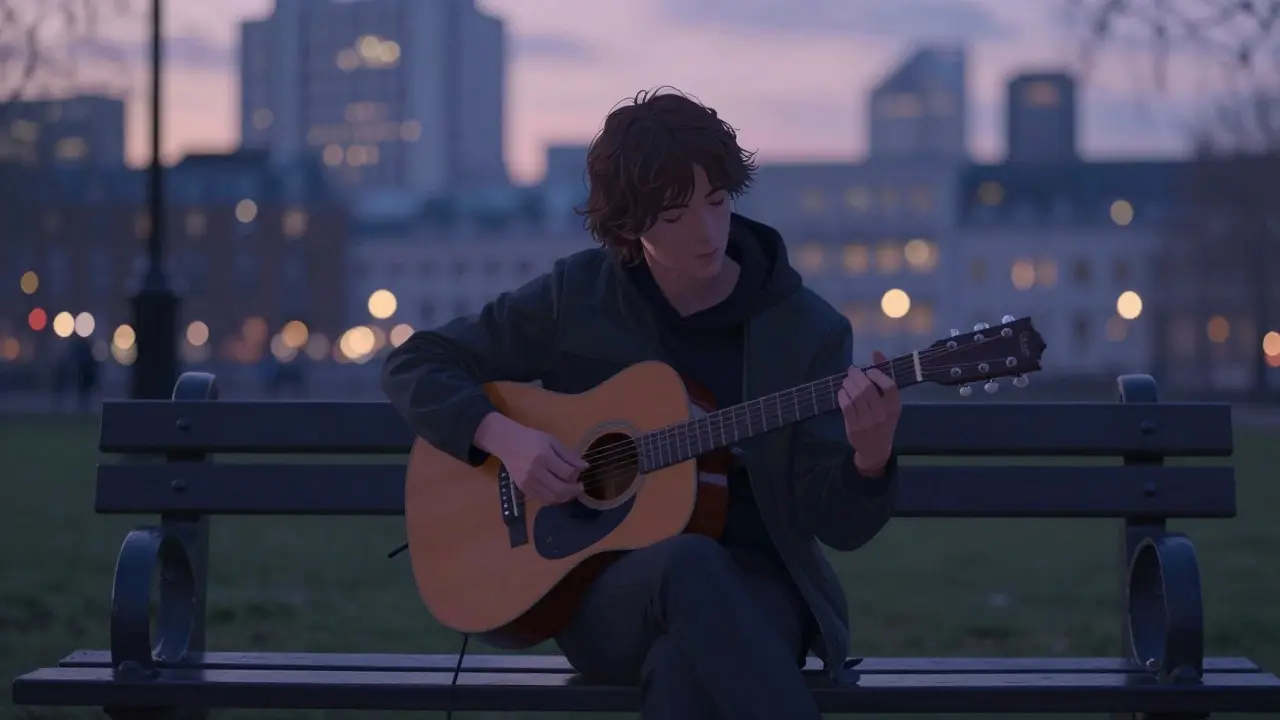Musician playing acoustic guitar on a London bench