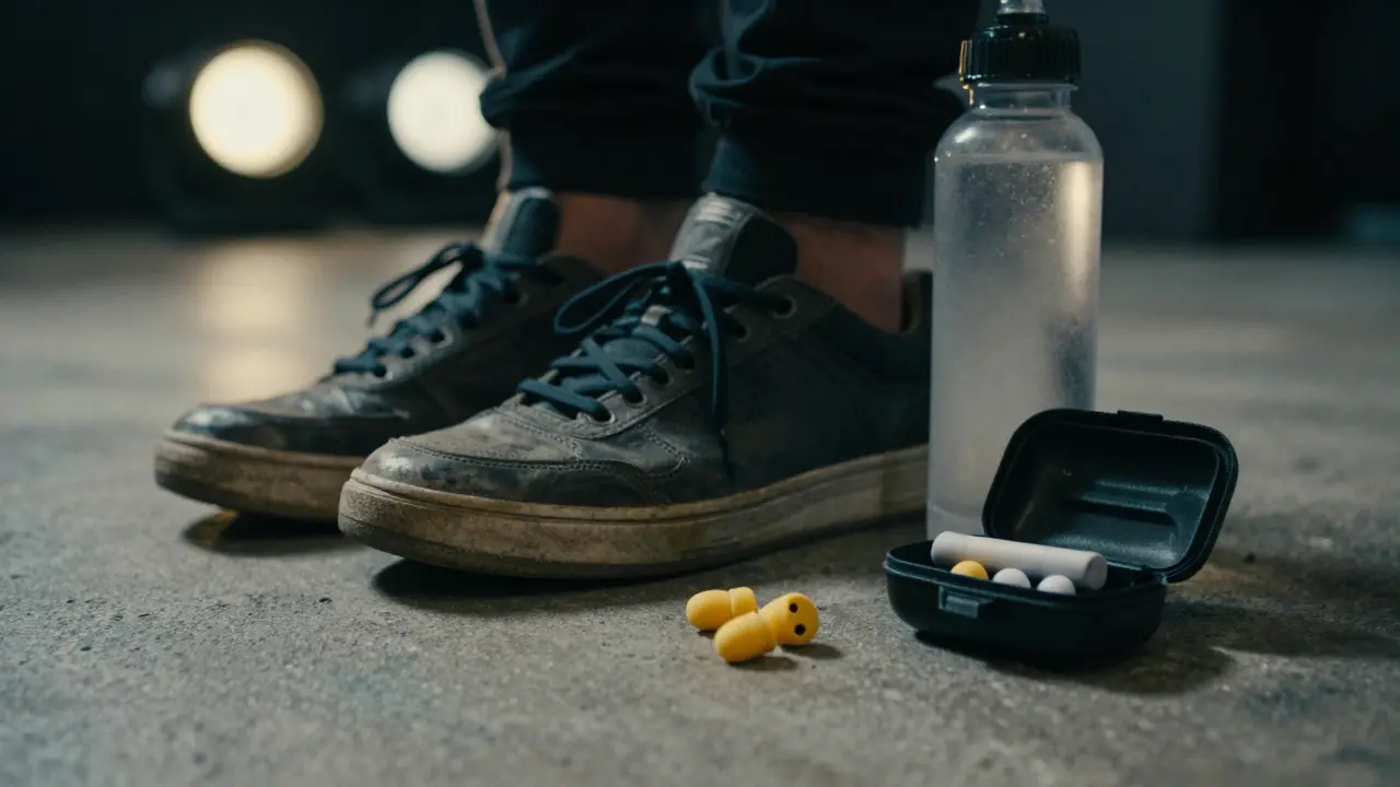 Sneakers, water bottle, and earplugs on concrete near stage lights