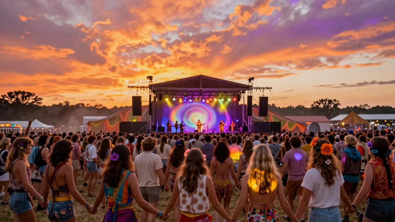 A psychedelic 1960s festival crowd holding hands under swirling sunset lights