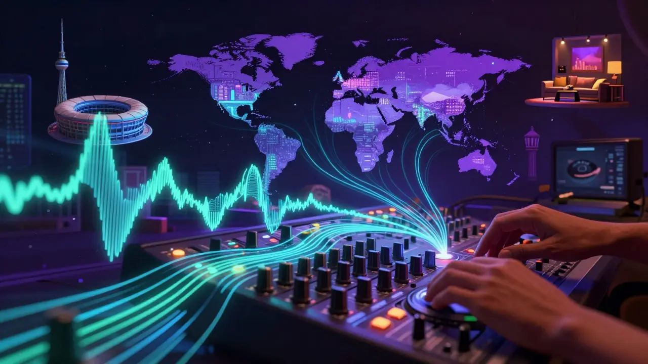 Abstract art showing reggae music evolving into digital streams connecting global cities