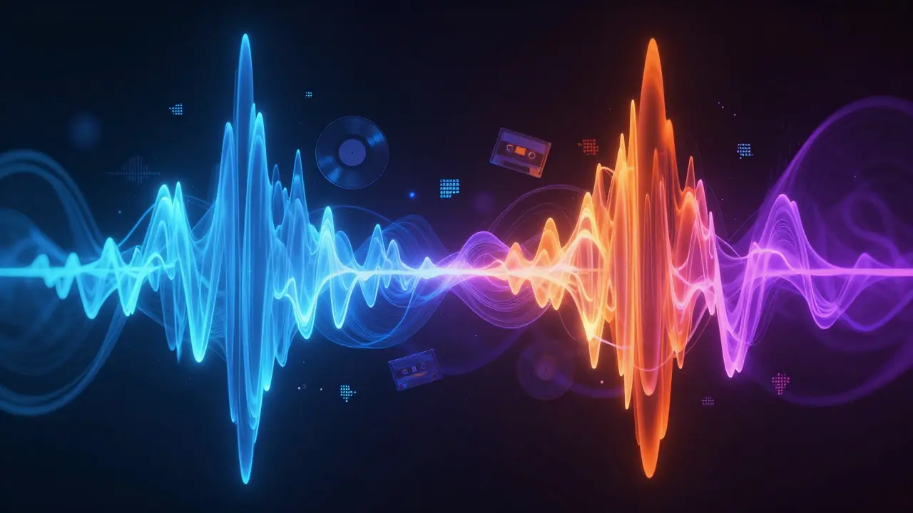 Abstract neon sound waves representing rock music evolution