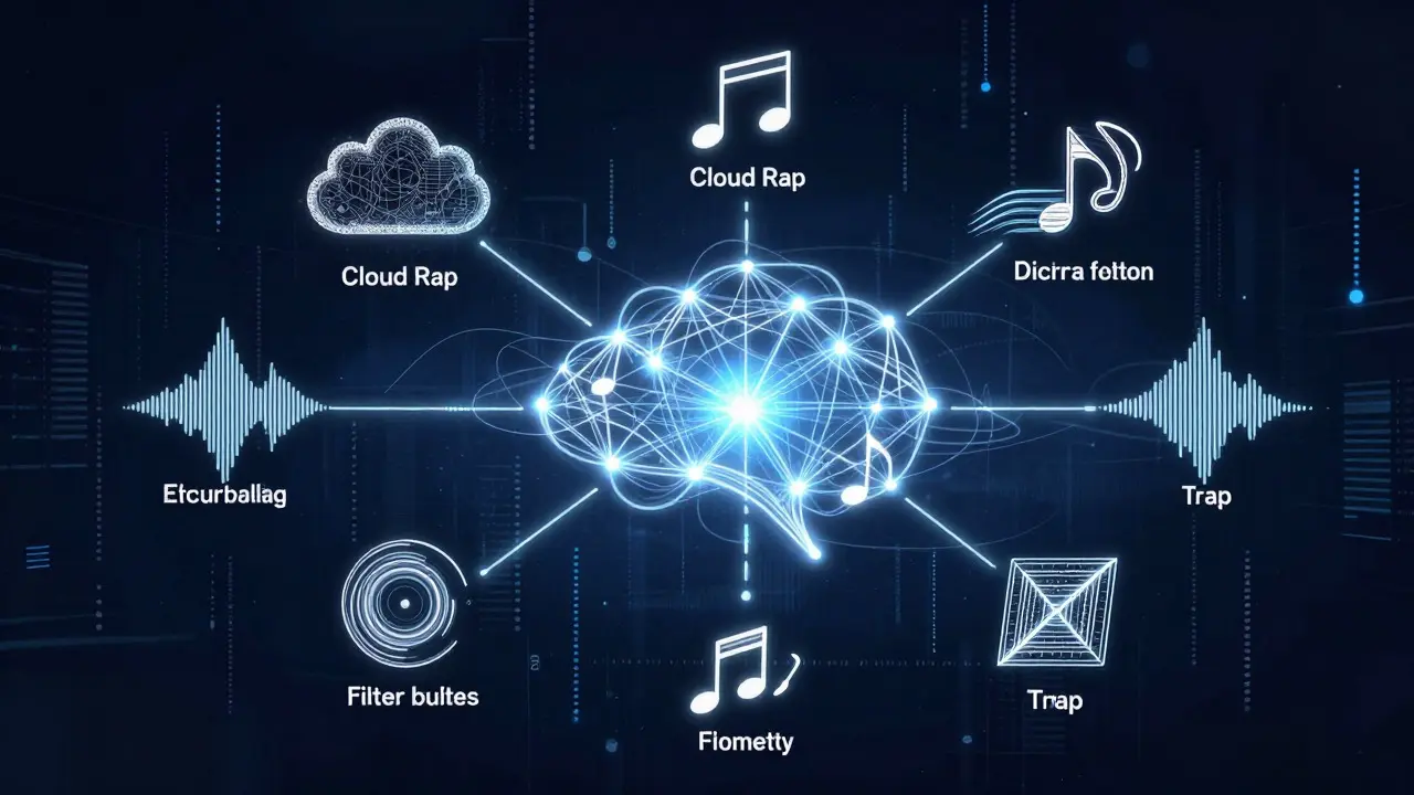 Abstract visualization of algorithms connecting niche music genres via data streams
