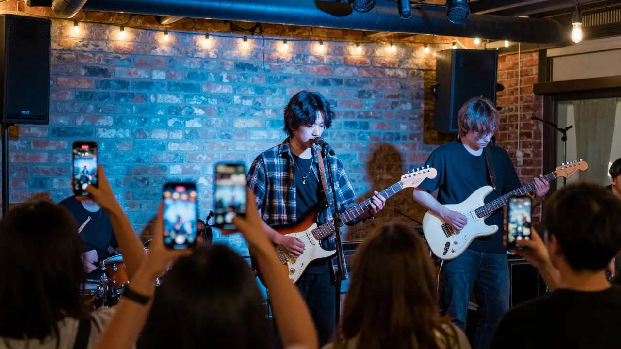 An indie rock band performing in a modern brick-walled venue with blue lighting