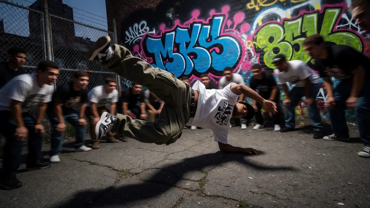 Breakdancer performing a freeze move in an urban alleyway surrounded by graffiti.