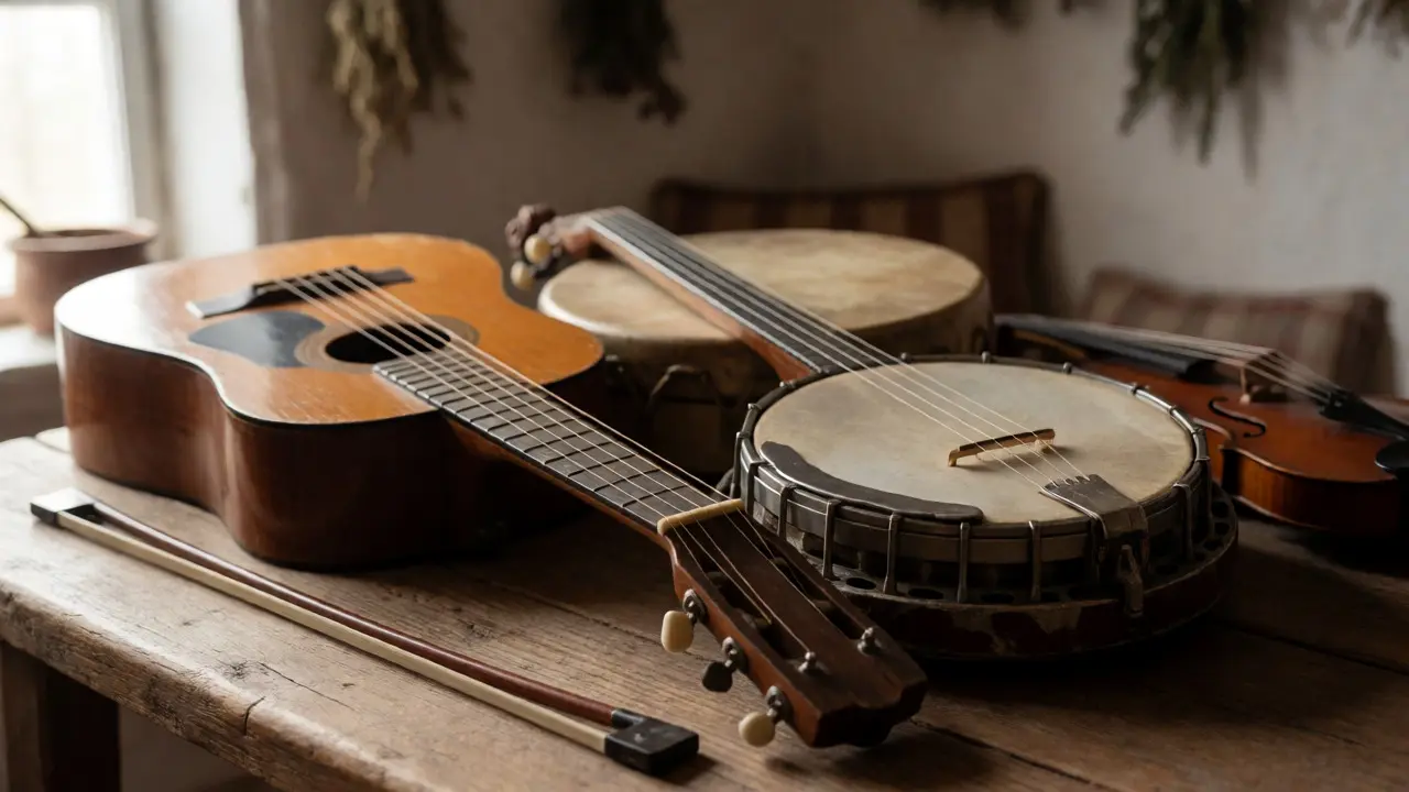 Close-up of vintage folk instruments including a guitar, banjo, and bodhrán on a wooden table.
