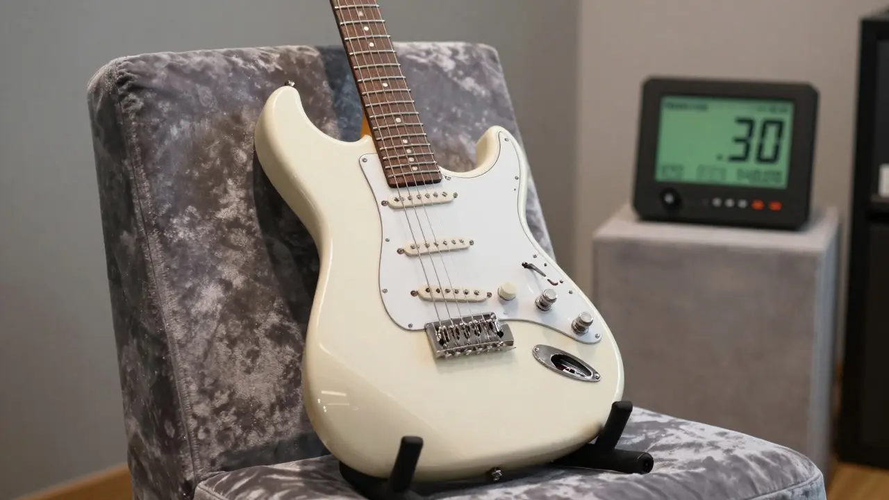 Finished custom electric guitar on a stand in a climate-controlled room