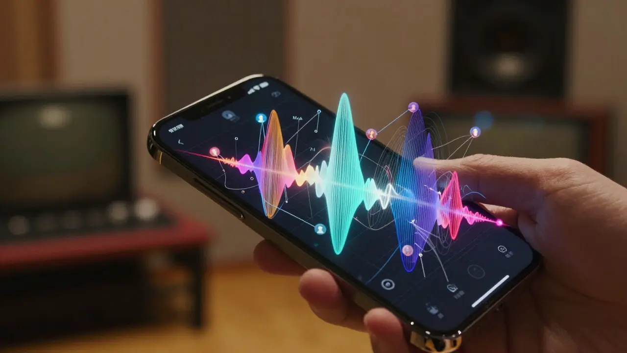 Holographic sound waves emanating from a phone, illustrating algorithmic music curation.
