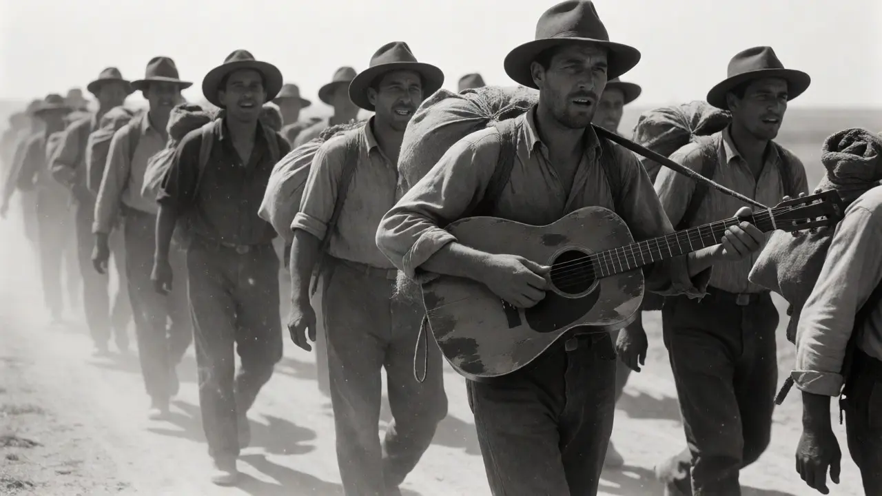 Migrant workers marching and singing during a 1930s labor protest with a guitarist leading.