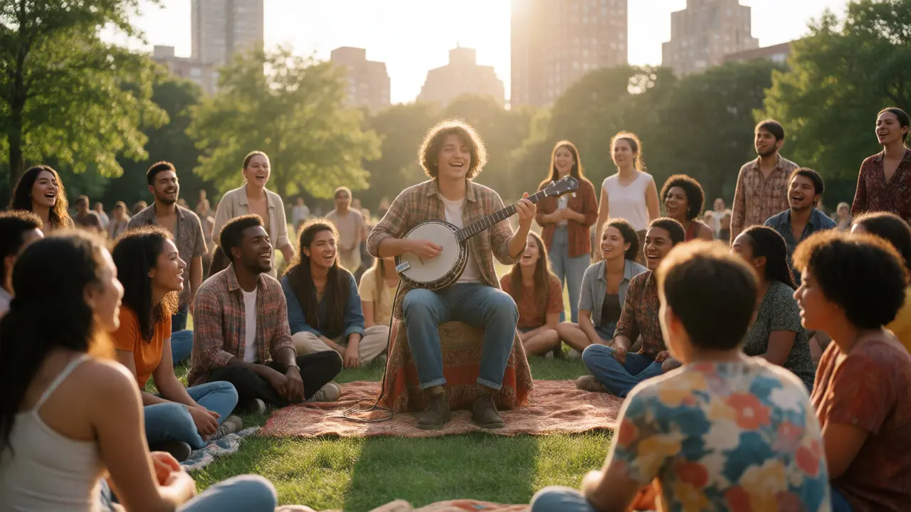 Modern indie-folk musician performing outdoors for a diverse, engaged audience at sunset.