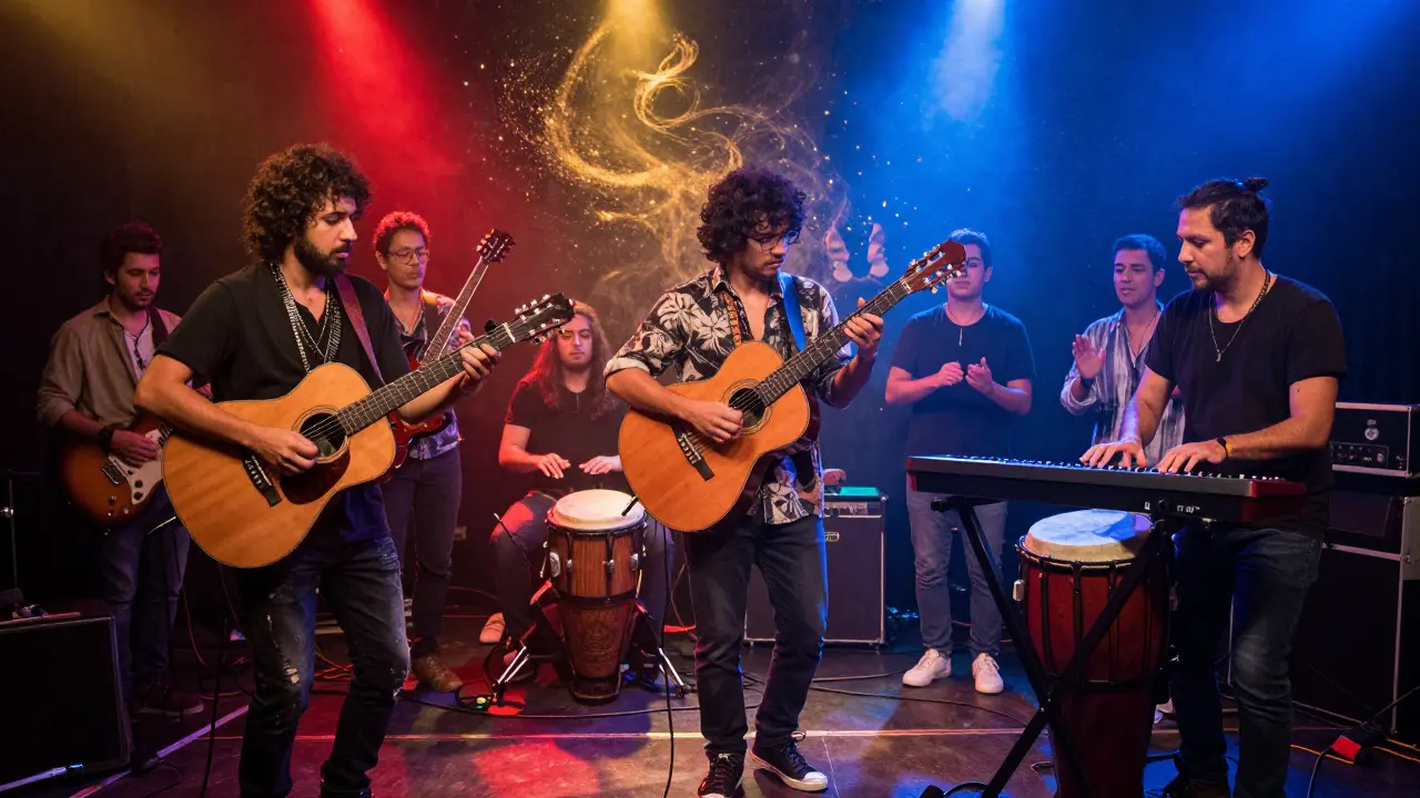 Musicians blending traditional and electronic instruments under colorful stage lights